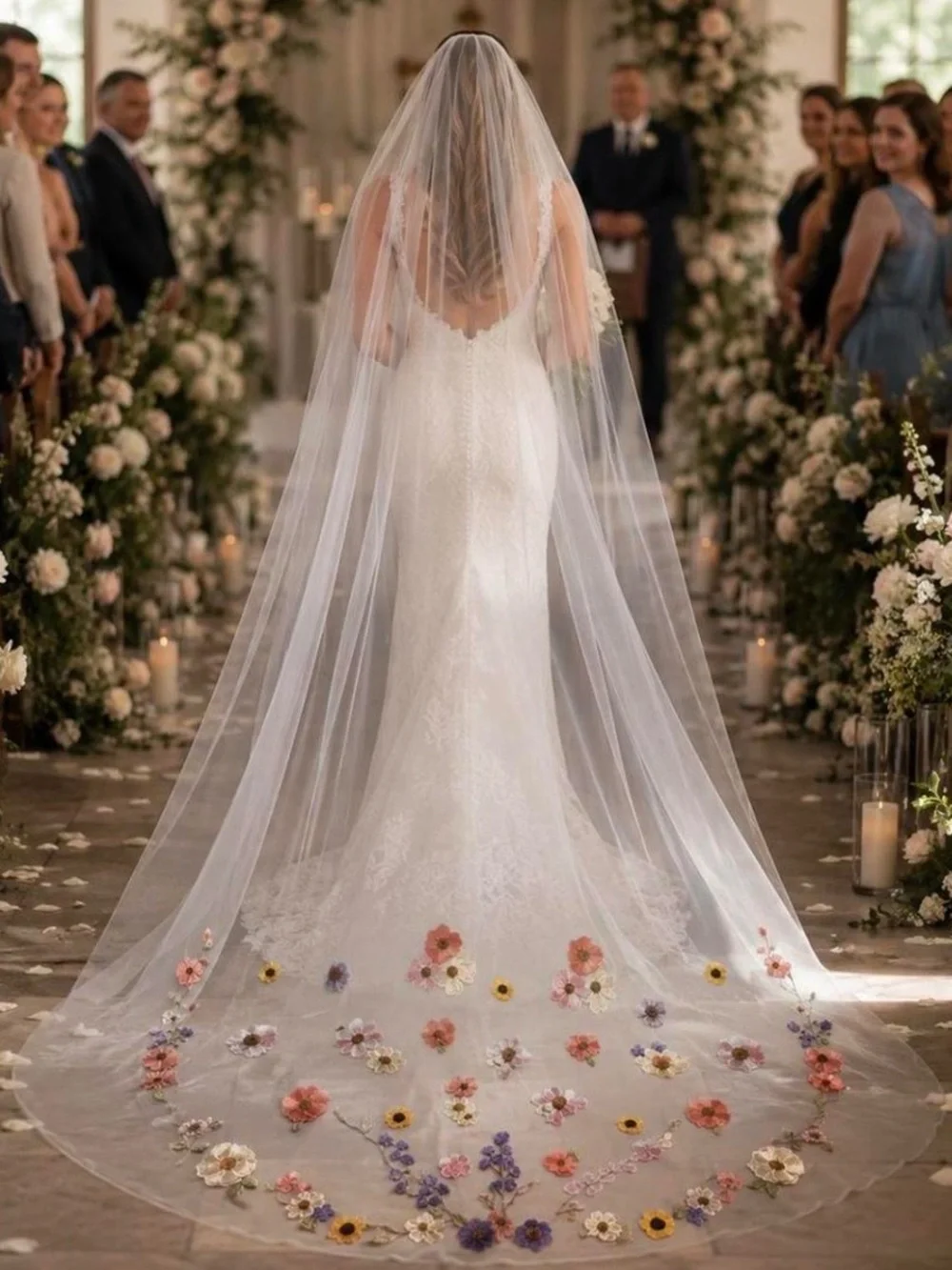 Bridal Cathedral Veil with Hand-Appliquéd Floral Accents - White